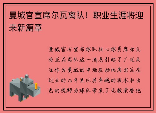 曼城官宣席尔瓦离队！职业生涯将迎来新篇章